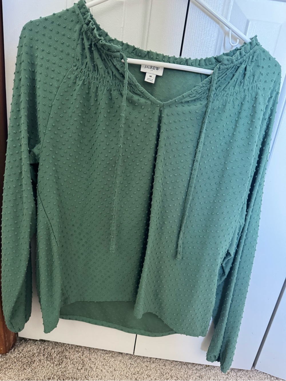J. Crew Textured Dotted Peasant Blouse in Sage